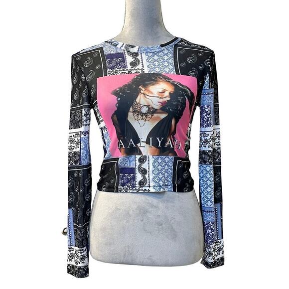 Aaliyah One in A Million Cropped Top LS Black Sheer Y2K 90s Gothic Stretch - Picture 1 of 8